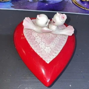 Vintage Lefton Ceramic Valentine’s Day Lg Heart Covered Dish Love Birds- RARE - Picture 1 of 4