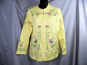 Quacker Factory Jacket Yellow Floral Embroidered Denim Butterfly Zip Medium - Picture 1 of 5