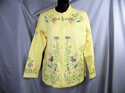 Quacker Factory Jacket Yellow Floral Embroidered Denim Butterfly Zip Medium - Image 1 of 4