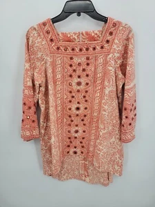 Túnica Ramona Rull Vintage Top Mujer Mediana Naranja Marfil Bordada Dobladillo Alto Bajo - Imagen 1 de 8