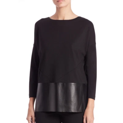 Blusa con ribete de cuero negro Lafayette 148 Foto 1 de 4