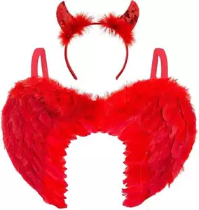 Rote Feder Engel Flügel & Pailletten Teufel Hörner Halloween Karneval Kostüm - Bild 1 von 6