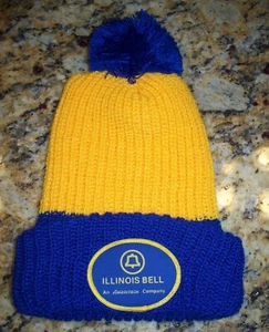 Cappello in maglia Illinois Bell Ameritech berretto berretto pom-pom, blu e oro nuovo senza etichette raro - Foto 1 di 2