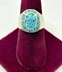 Anillo de plata esterlina firmado vintage para hombre con astillas turquesa talla 9 - Imagen 1 de 7
