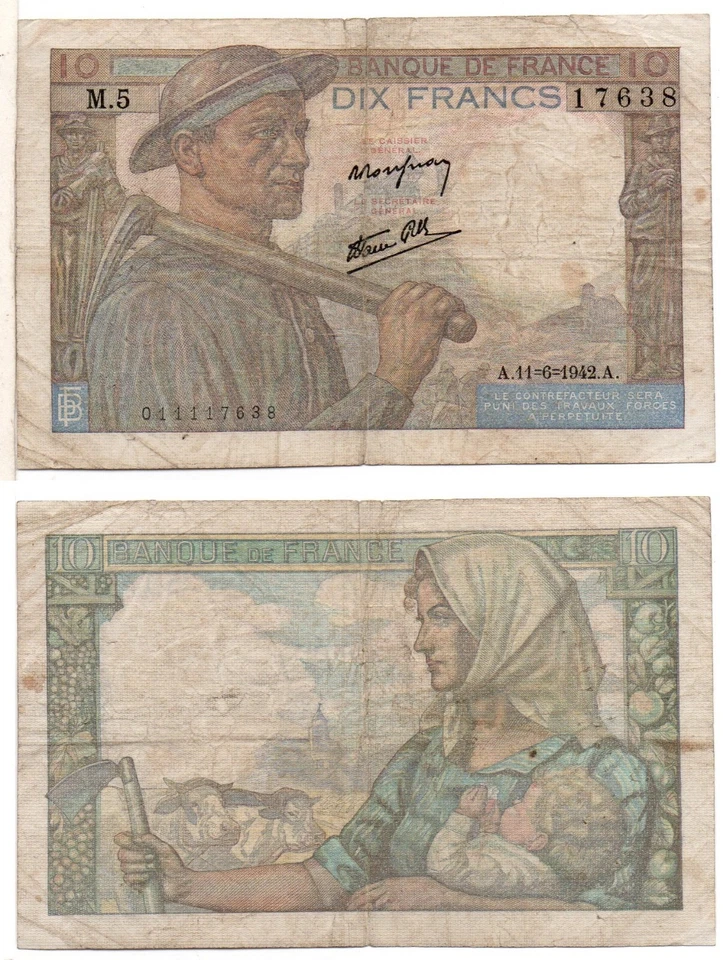 FRANCE 10 Francs (WWII German Occupation - 11-06-1942) Pick 99e, Fine - Image 1 of 1