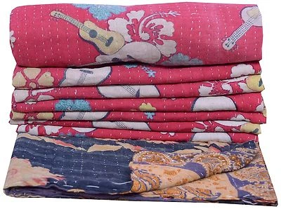 Colcha reversible vintage de algodón indio Sari Kantha retazos edredón  Foto 1 de 4