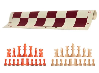 Orange & Natural Chess Pieces 20" Burgundy Vinyl Board - Single Weight Chess Set - Image 1 of 4