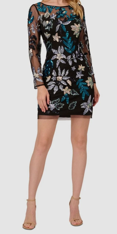 Vestido vaina para mujer Adrianna Papell negro con cuentas malla talla 18 Foto 1 de 1