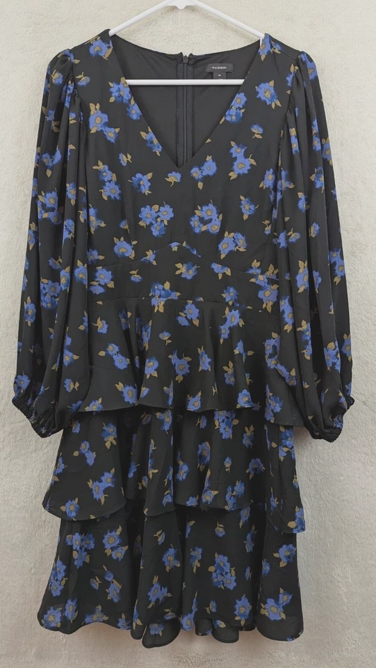 Halogen sz M 连衣裙荷叶边层气球袖黑色花卉印花 0811 — 第 1/4 张图片