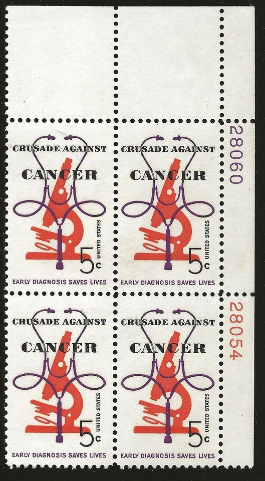 US Scott #1263, Plate Block #28054/28060 1965 Cancer 5c FVF MNH Upper Right - Image 1 of 1