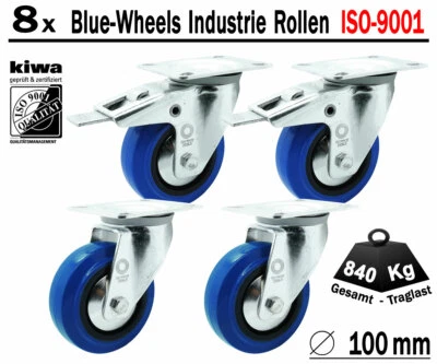 Blue Wheels Industrie Transport Lenk Rollen 8 x Ø 100mm Br-Le/ BS-Rollen Germany