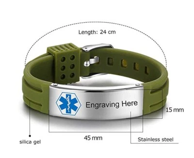 Pulsera de identificación médica grabada personalizada banda de goma hebilla 7 colores Foto 1 de 3