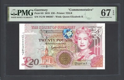 Guernsey 20 Pounds 2018 P63 "S/N 000367" "Commemorative" Uncirculated Grade 67 - Image 1 of 2