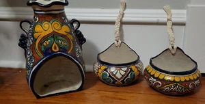 Talavera LOT * 3 ITEMS * 2 Wall Pockets & Lantern * POTTERY * Made In MEXICO - Picture 1 of 9