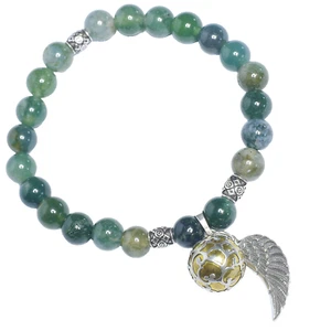 925 Silber Engelrufer Engelsflügel Moosachat Armband Gummiband M/L Klangkugel 2 - Bild 1 von 4