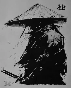 Unique Hand Drawn Samurai Artwork – Hero Against Darkness in Mountain Mist - Picture 1 of 8
