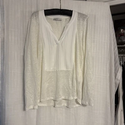 Sandro Paris Linen Top Medium Pleated Bottom Short Sleeves Ivory Cream - Image 1 of 4