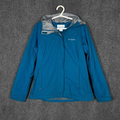 Chaqueta cortavientos Columbia para mujer azul mediana con capucha nailon cremallera lluvia Foto 1 de 4