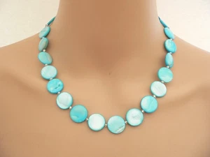 Halskette Kette Muschel Perlmutt  Scheibe Ø15mm pastell türkis  405y - Bild 1 von 9