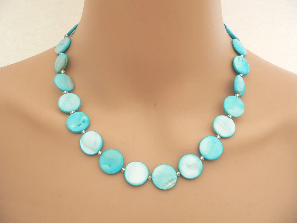 Halskette Kette Muschel Perlmutt  Scheibe Ø15mm pastell türkis  405y - Bild 1 von 4