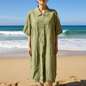 Abito Camicia Midi WhiteStag Donna 22W Manica Corta Lino Rayon Verde Bottoni Nuovo - Foto 1 di 9