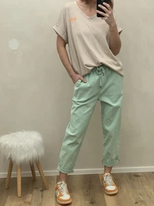 Hose Mint-Weiß Streifen Chino Zugband Kordel One Size bis Gr. 40 (E1) H - Bild 1 von 6