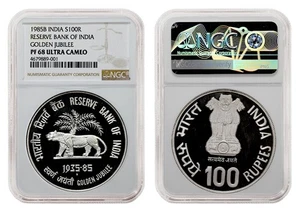 INDIA 100 Rupees 1985 Silver NGC PF68UC 'Golden Jubilee Reserve Bank' Top Pop! - Picture 1 of 3