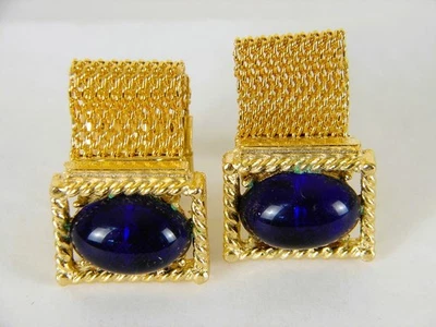 Gemelos rectangulares vintage de malla dorada con envoltura de piedra azul Foto 1 de 2