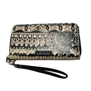 SakRoots Wallet Black & Cream Abstract Print All Over Wristlet Full Zip Around - Picture 1 of 22