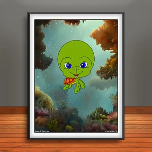 Cartoon Sea Turtle Colorful Coral Reef Print, Ocean Poster, Aquatic Decor, Sea - Picture 1 of 1