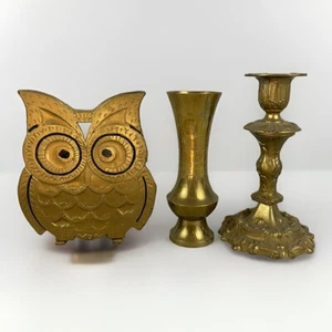 3 Stück Konvolut Vintage Vase Eule Serviette Buchstabenhalter Kerzenständer Messing Gold Metall - Bild 1 von 10