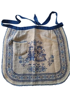 Vintage Woven Traditional Blue Cream Natural Nubby Tie Apron Scallop Trim Boston - Picture 1 of 8