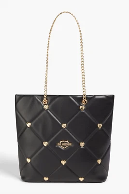 LOVE MOSCHINO Women Black Gold Embellished Quilted Eco Faux Leather Tote NWT - Image 1 of 4