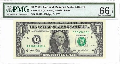 2003 $1 ATLANTA FRN. PMG GEM Uncirculated 66 EPQ Banknote. FW - Image 1 of 2