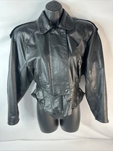 Chaqueta de Cuero de Colección Años 80 Phoenix Negra Recortada Bomber Hombros Acolchados Talla 7 EE. UU. - Imagen 1 de 10