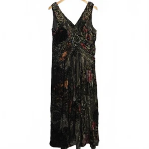 Simon Chang Dress Women's 16 Velour Beaded Sequin Floral Metallic Midi Party - Picture 1 of 13