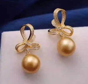 Nuevo AAAA Redondo 11-12mm Natural Mar del Sur Dorado Pendiente 925s - Imagen 1 de 3