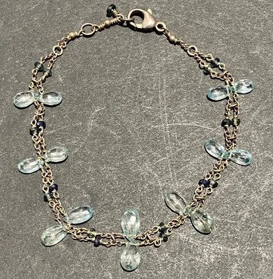 Brazalete de cadena de topacio azul cielo de plata esterlina 925 vintage doble cadena de cuentas Foto 1 de 4