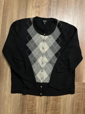 Apt 9 Suéter Mujer Grande Negro Gris Argyle 100% Cachemira Cárdigan Kohls Foto 1 de 4