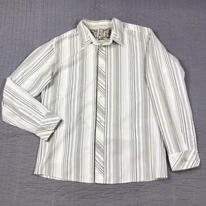 Y2K Split Shirt Mens XL Green White Striped Long Sleeve Button Up Embroidered - Picture 1 of 24