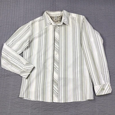 Y2K Split Shirt Mens XL Green White Striped Long Sleeve Button Up Embroidered - Image 1 of 4