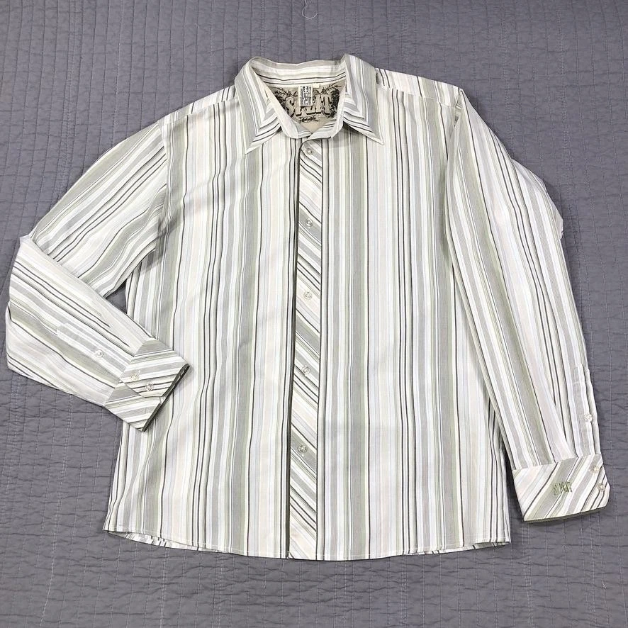 Y2K Split Shirt Mens XL Green White Striped Long Sleeve Button Up Embroidered - Image 1 of 4