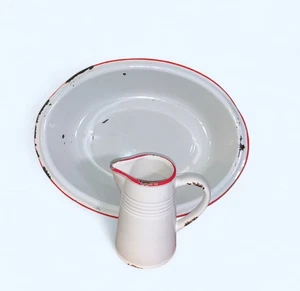 VTG White Enamelware Basin 18"x13.5”x4.5" & Pitcher 7” Set w/ Red Trim (KT325) - Picture 1 of 10