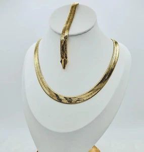 Gold 9mm Herringbone Necklace & Bracelet Set, 14k Heavy Plated Gold - Picture 1 of 8
