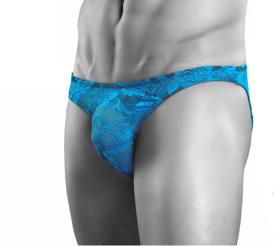 Ropa interior masculina Power para hombre azul pequeño de encaje bikini calzoncillo sexy transparente elástico neón Foto 1 de 3