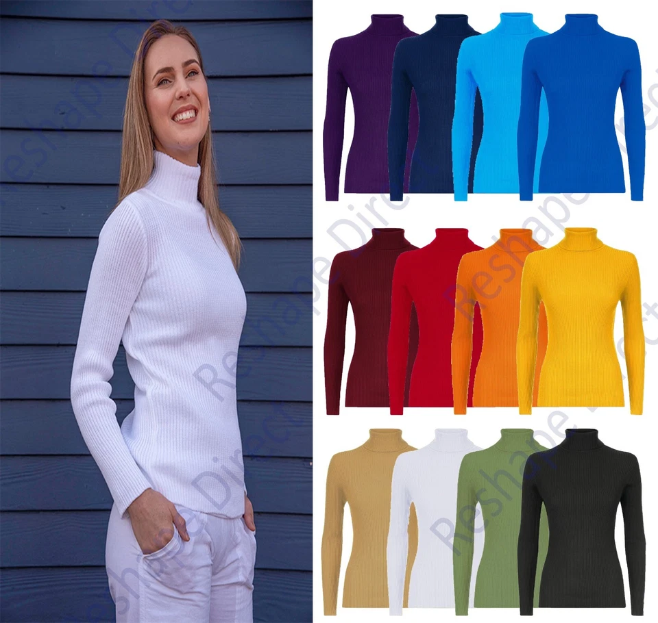 New Women Ladies High Roll Polo Neck Knitted Ribbed Jumper Sweater Top UK 8-26 - Image 1 of 1