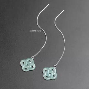 Real 925 Sterling Silver Natural Jadeite Blue Water Chinese knot Link Earrings - Picture 1 of 6