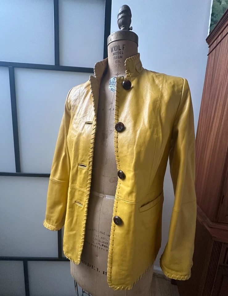 Chaqueta de Cuero Genuino Terry Lewis Vintage Años 90 Amarillo Limón Botón Chaqueta  Foto 1 de 4