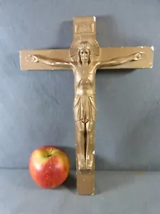 Crocifisso francese vintage, croce religiosa da parete in gesso dorato, Gesù, 10,25" - Foto 1 di 9