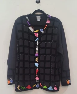 Cárdigan suéter mujer Berek vintage con apliques negros de lentejuelas con cuentas talla 1X - Imagen 1 de 9
